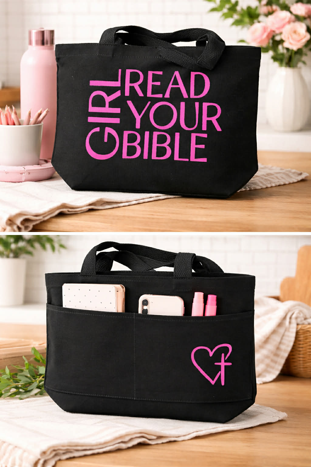 Girl Read Your Bible Black Canvas Tote