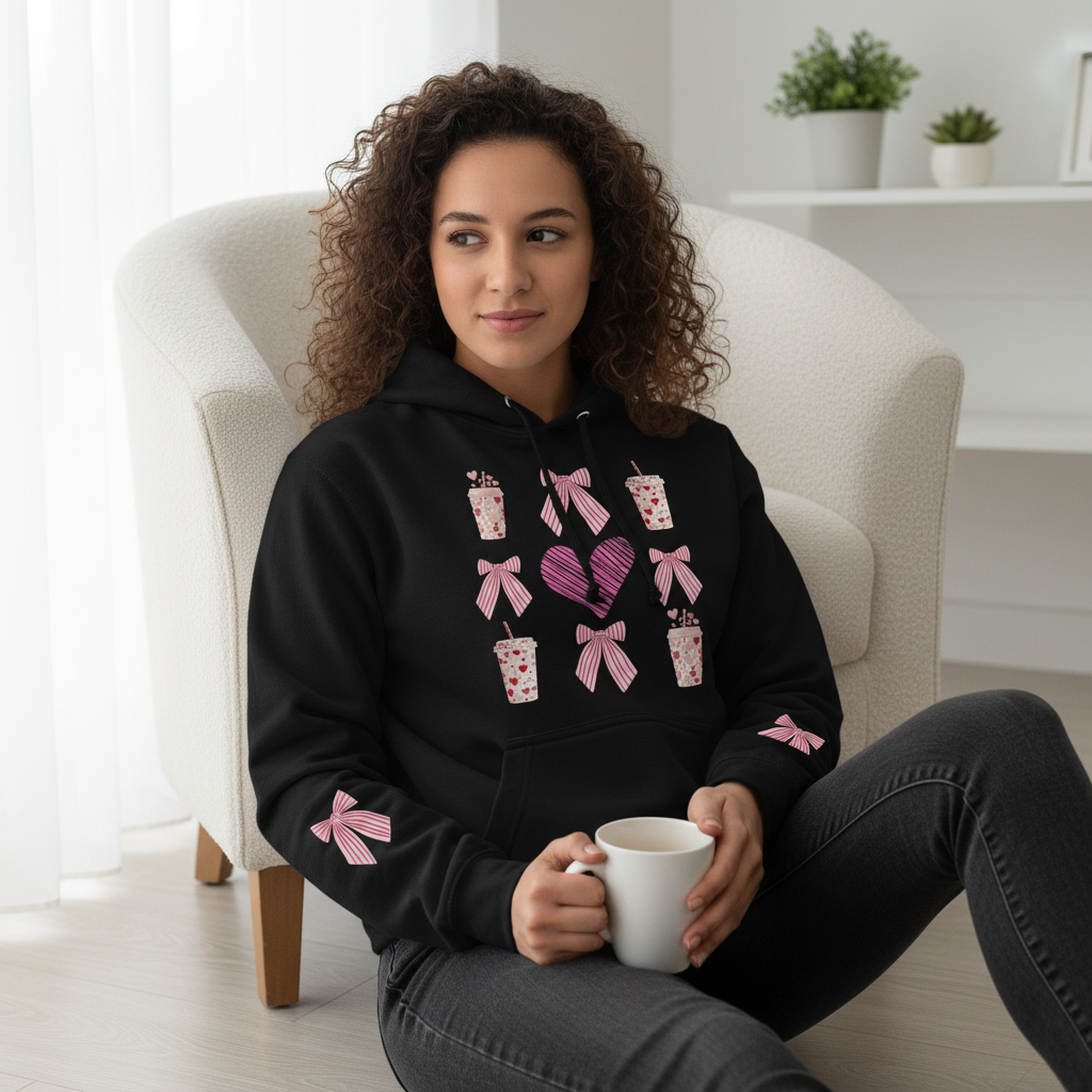 Pre-Order: Mocha Hearts & Bows Cozy Hoodie